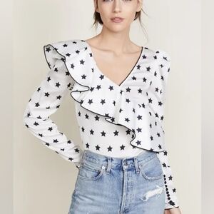 Self Portrait Star Printed Long Sleeve Frilled Ruffle V-neck Blouse Size 6